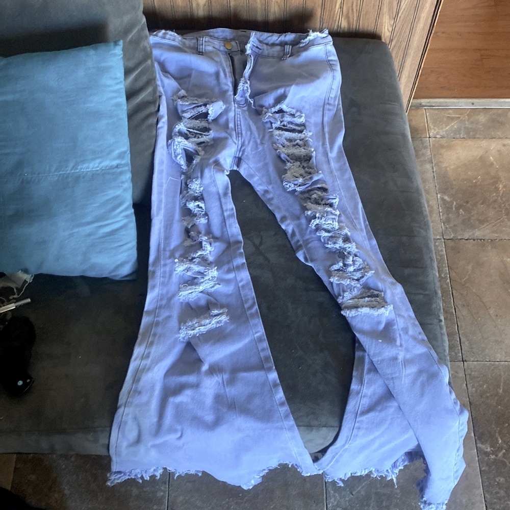 Dark blue & light blue ripped flare jeans